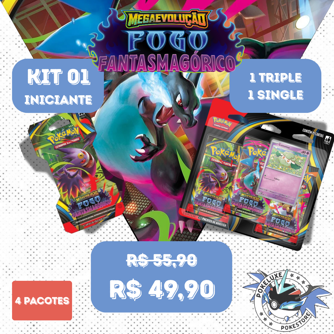 Kit 01 - Iniciante ME 02 – Fogo Fantasmagórico (4 Boosters Pokémon)